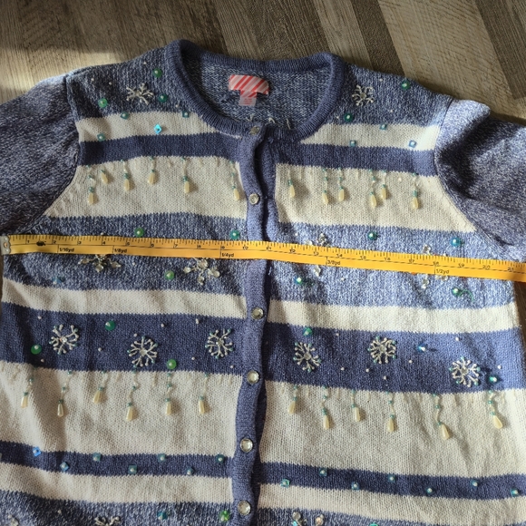 Holiday Time XL Blue Heather Striped Embellished Snowflake Cardigan Sparkle - Picture 15 of 15